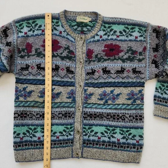 Vintage L.L. Bean Pure Wool Cardigan Sweater Floral Fair Isle Cottagecore Cabin - Picture 13 of 13